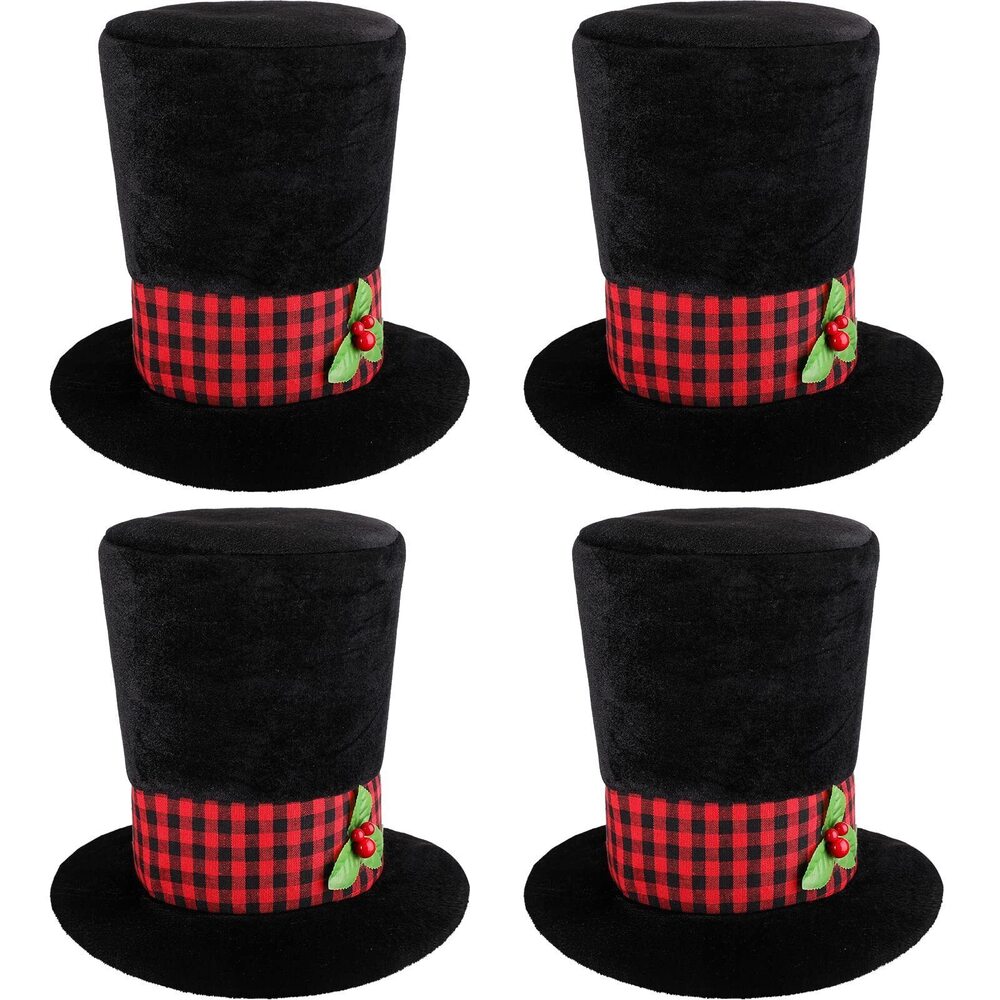 1997 4 Pcs Christmas Top Hat with Plaid Band Holly Berries Black Top Hat